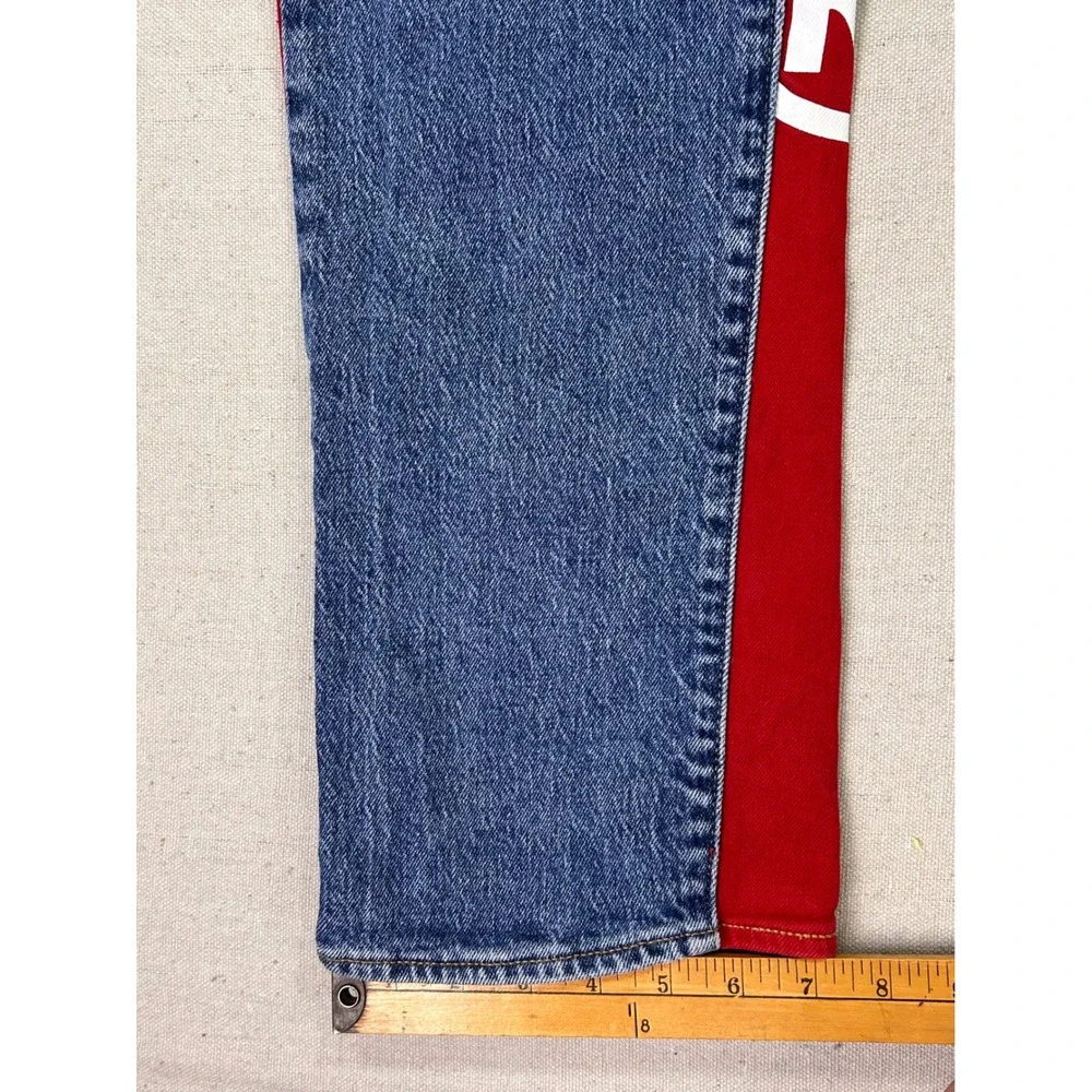 Levis Premium 541 BIG E Jeans Mens 32x34 Split Leg Blue Red Logo Graphic